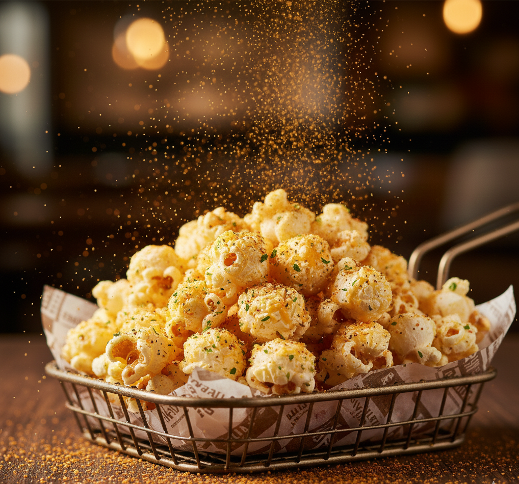 ป๊อปคอร์นเนยโรยผงเขย่าสีสันสดใสในภาพระยะใกล้ แสงอบอุ่น ทำให้อาหารดูน่ากินและโดดเด่น