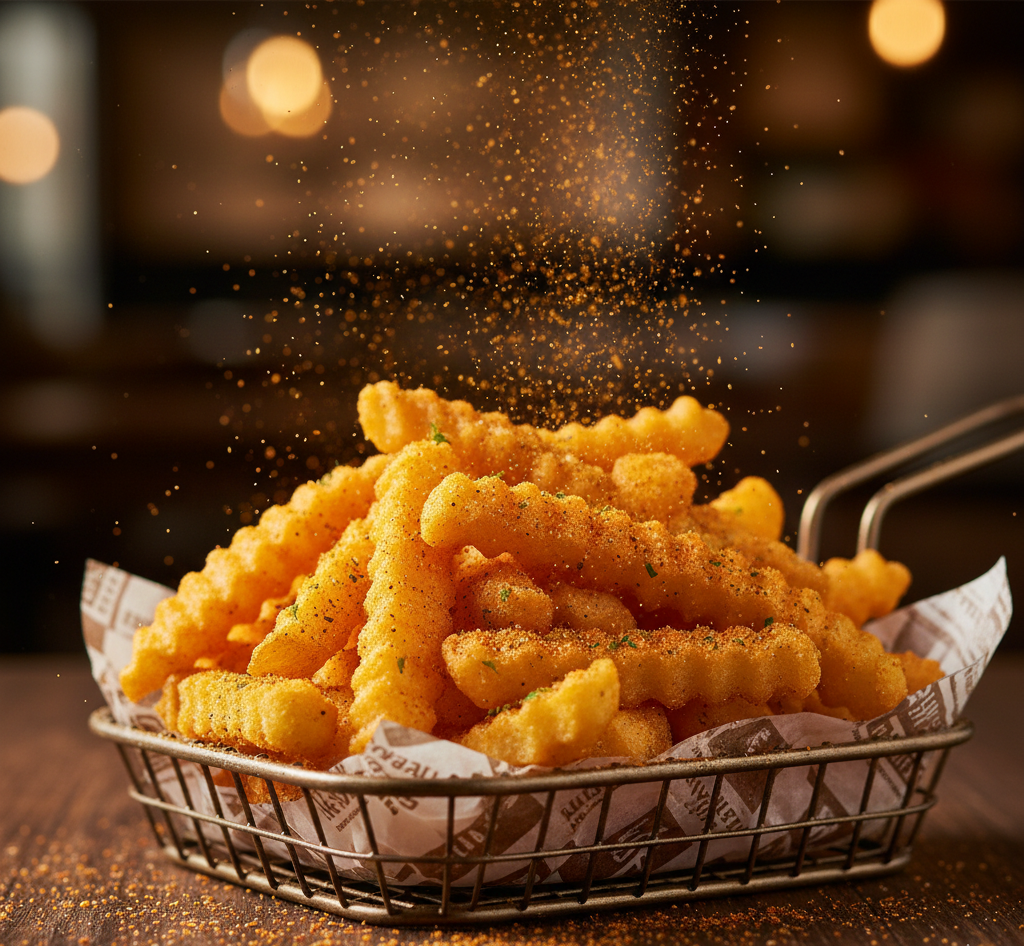 ภาพระยะใกล้ของเฟรนช์ฟรายกรอบโรยผงเขย่า พร้อมผงปรุงลอยในอากาศ ดูน่ารับประทานด้วยโทนแสงอบอุ่น