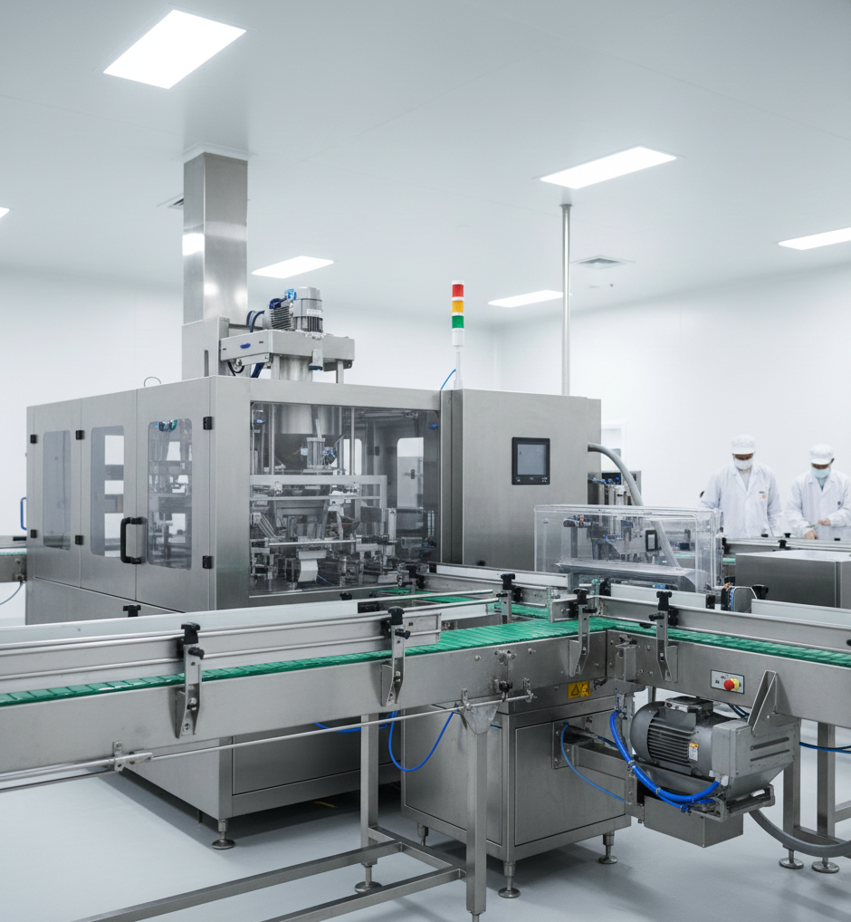 โรงงานผลิตอาหารแบบ OEM กำลังผลิตผงเขย่า พร้อมอุปกรณ์สเตนเลส บุคลากรสวมชุดป้องกันอย่างสะอาด และเครื่องจักรทันสมัยในสภาพแวดล้อมที่ถูกสุขลักษณะ